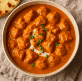 a dish of buttered chicken, indian style