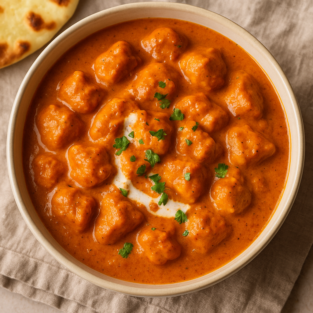 a dish of buttered chicken, indian style